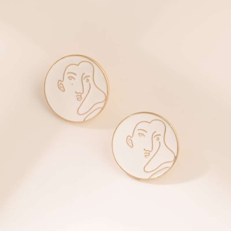 

Abstract Face Circle Stud Earrings, White