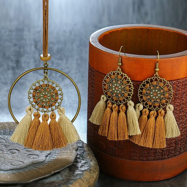 

1pc Tassel Charm Necklace & 1pair Drop Earrings, Multicolor