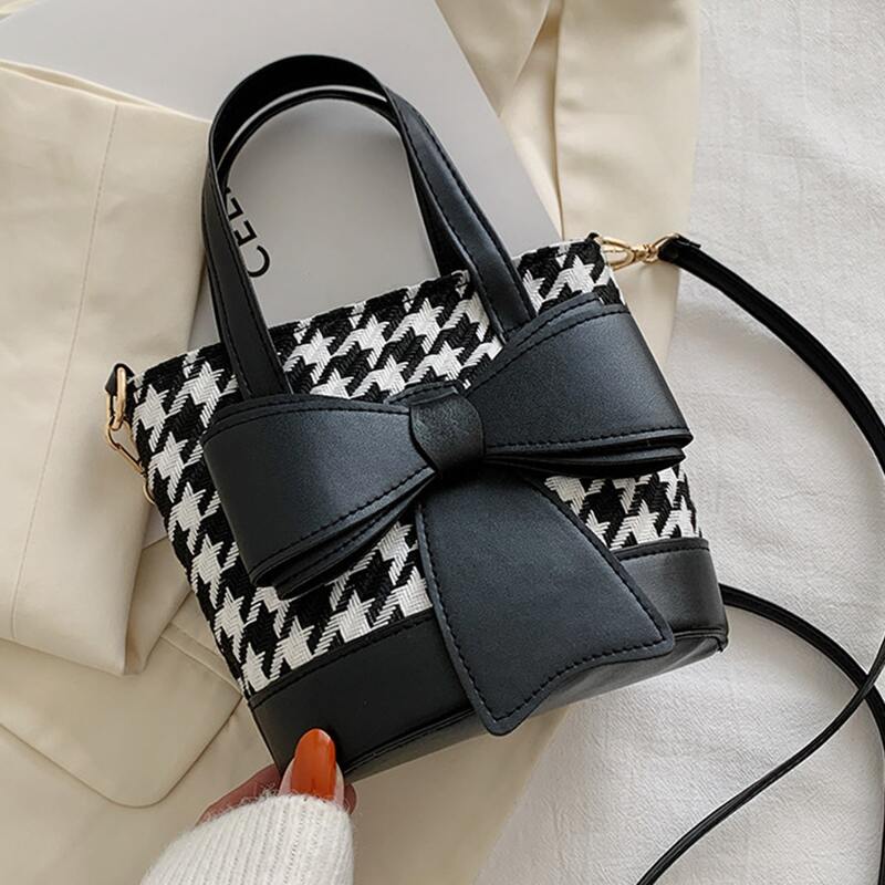 

Bow Decor Houndstooth Satchel Bag, Black