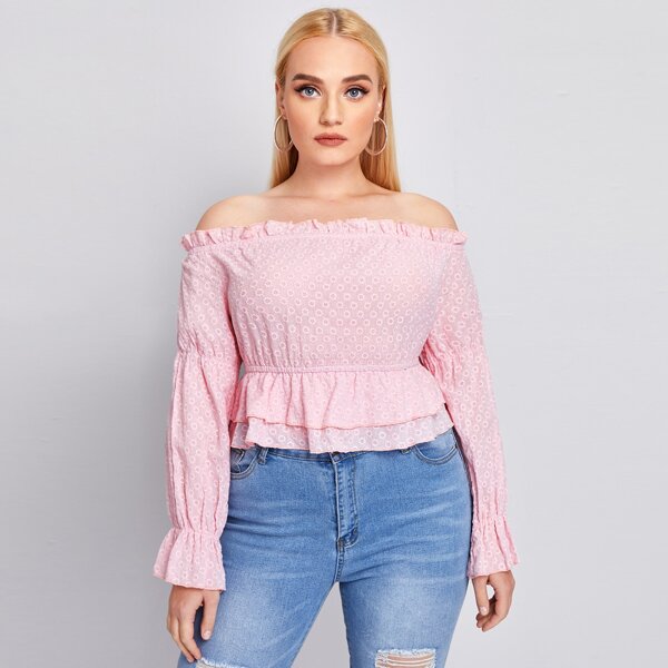 

Plus Floral Pattern Bardot Smock Blouse, Baby pink