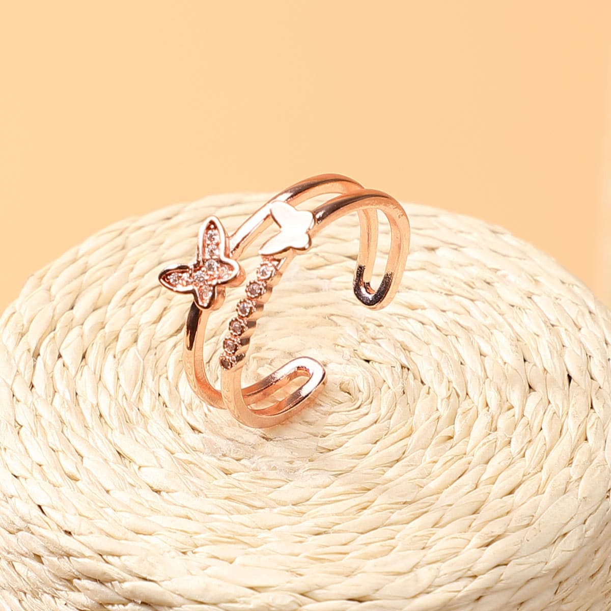 

Butterfly & Rhinestone Design Cuff Ring, Rose gold