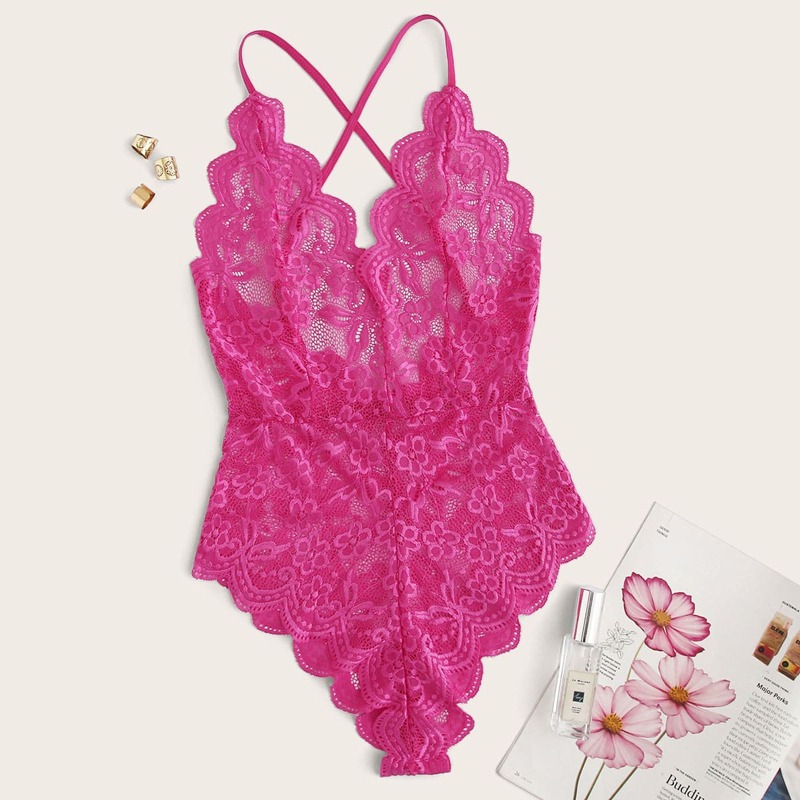 

Scallop Floral Lace Teddy Bodysuit, Hot pink