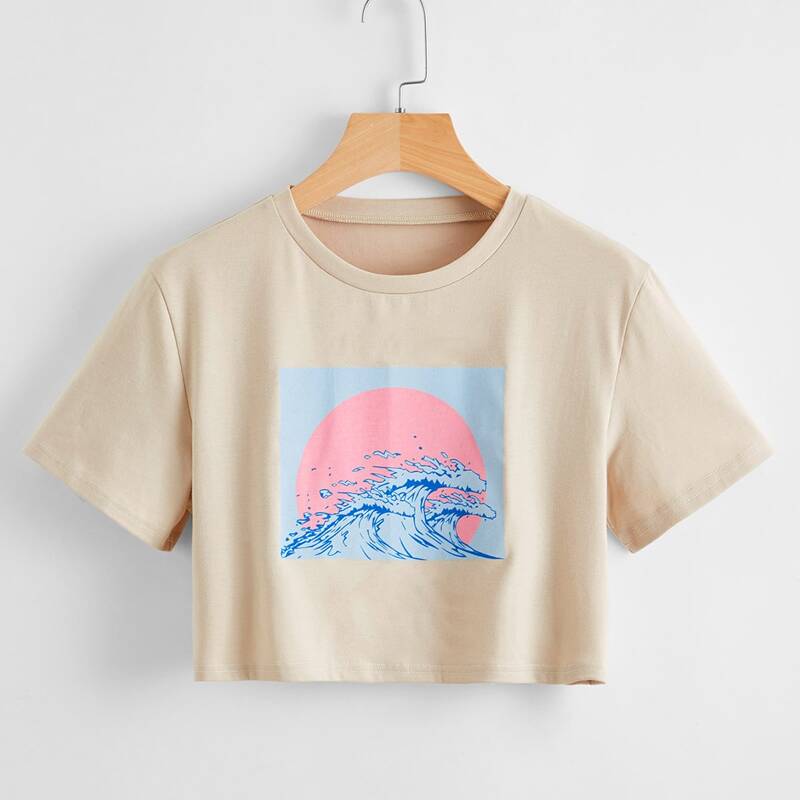 

Wave Graphic Crop Tee, Beige