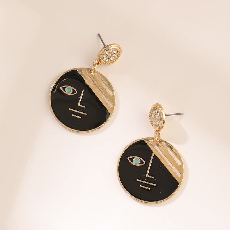 

Abstract Face Circle Drop Earrings, Black