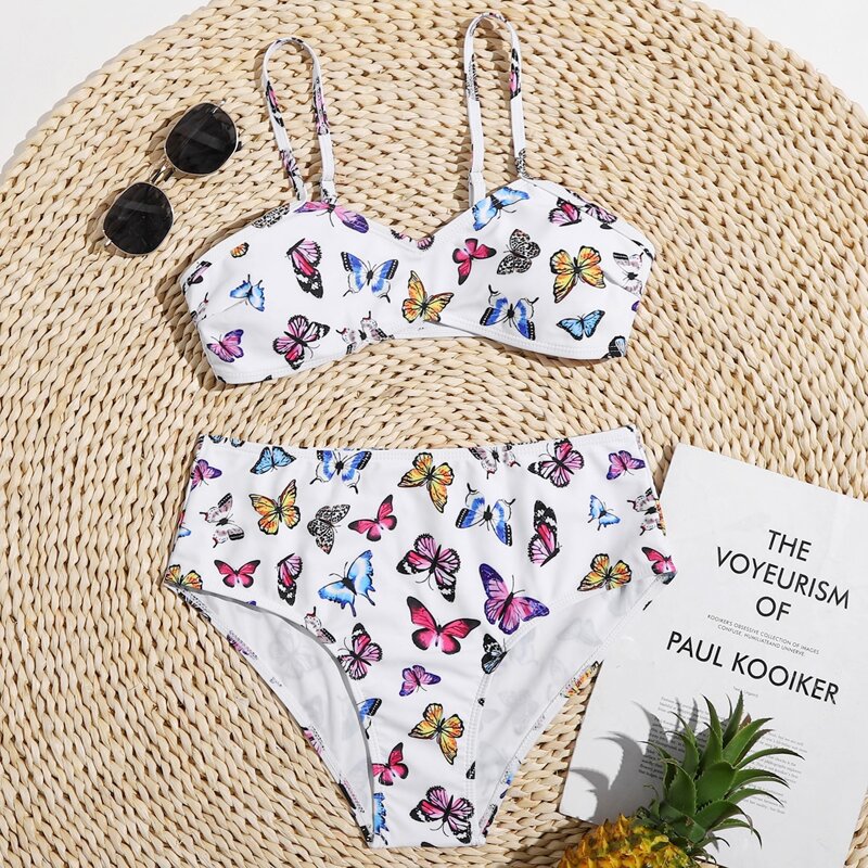 

Butterfly Print High Waist Bikini Swimsuit, Multicolor