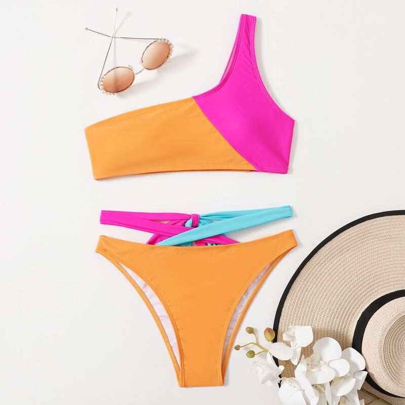 

One Shoulder Colorblock Bikini Swimsuit, Multicolor
