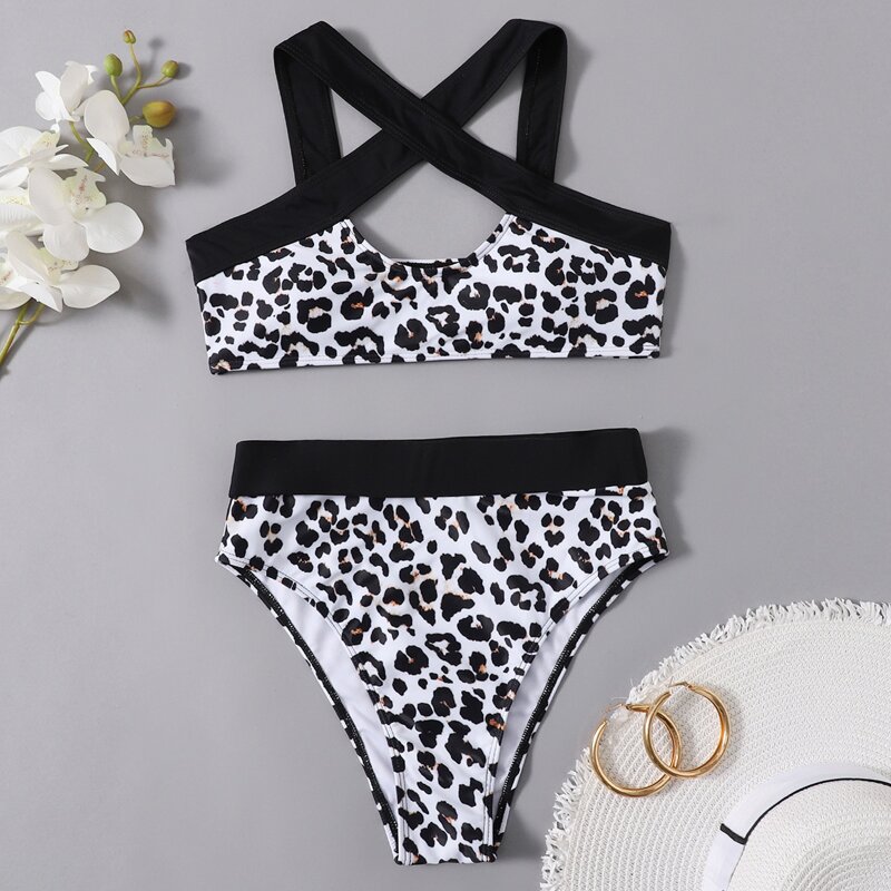 

Leopard Print Cut-out High Waist Bikini Swimsuit, Multicolor