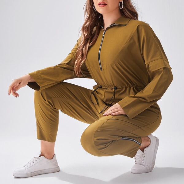 

Plus Zip Front Drop Shoulder Jumpsuit, Brown