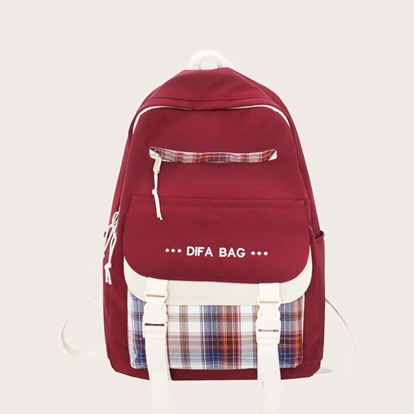 

Release Buckle Design Plaid Backpack, Red