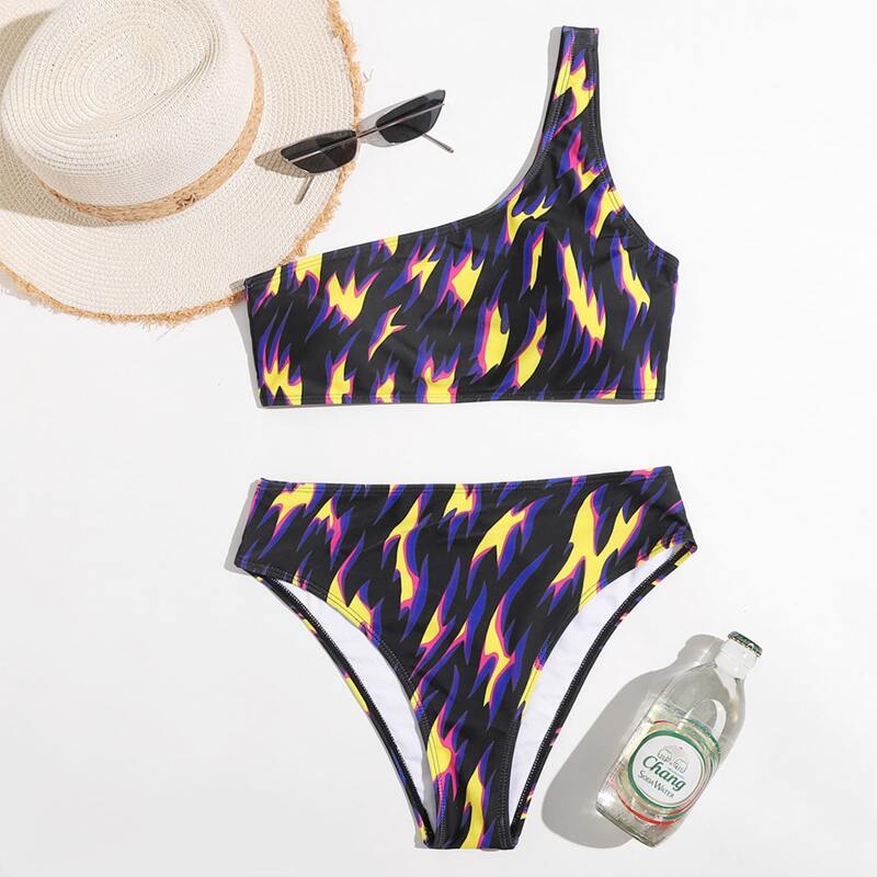

One Shoulder Fire Print Bikini Swimsuit, Multicolor