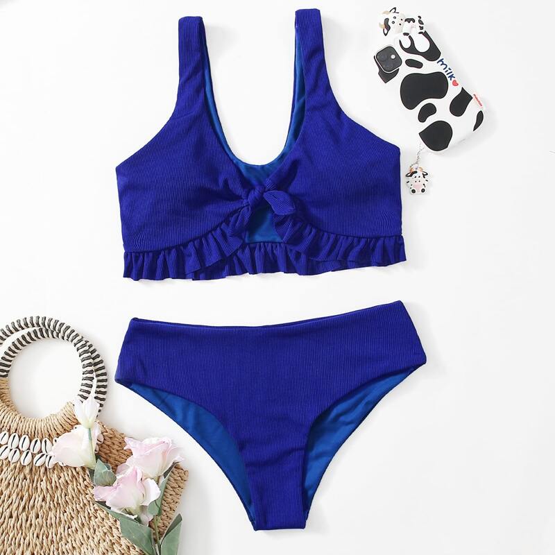 

Knot Ruffle Hem Bikini Swimsuit, Royal blue