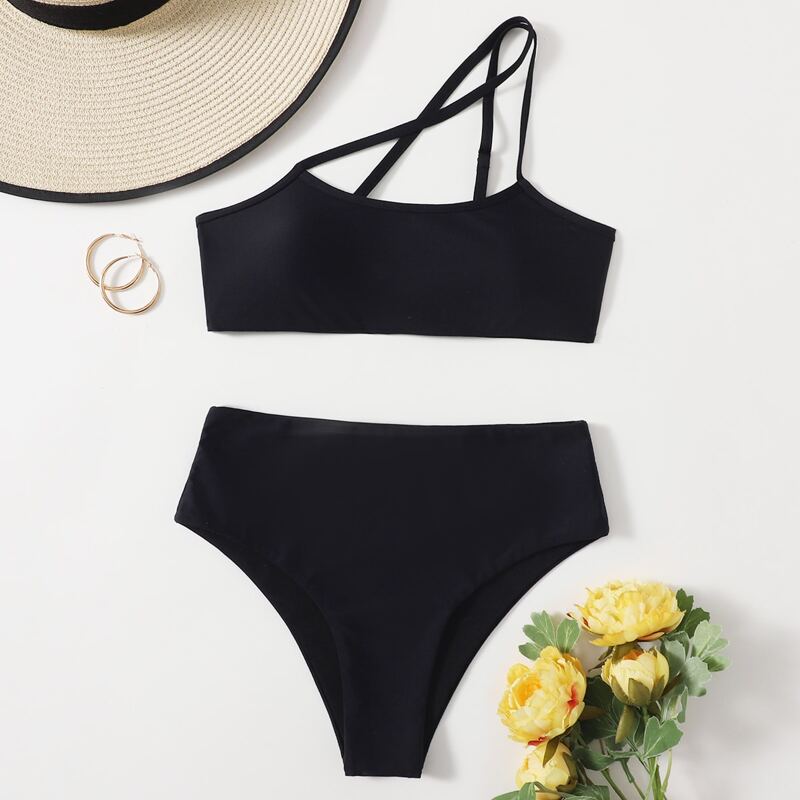 Asymmetrical Neck High Waist Bikini Swimsuit, Black