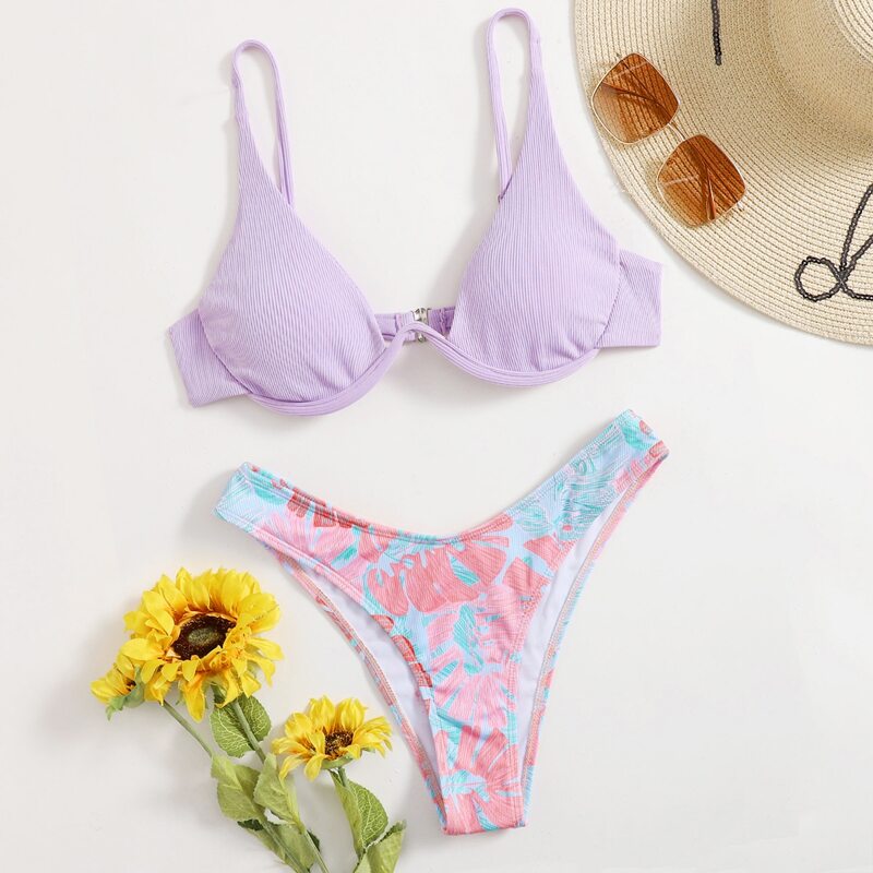 

Leaf Print High Cut Bikini Swimsuit, Multicolor