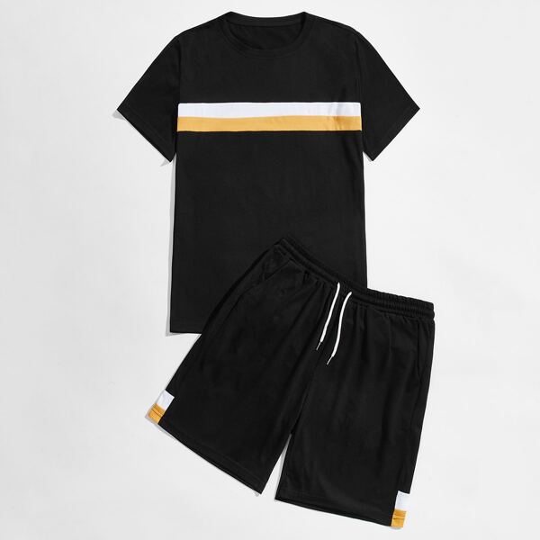

Men Striped Tee With Drawstring Shorts, Black