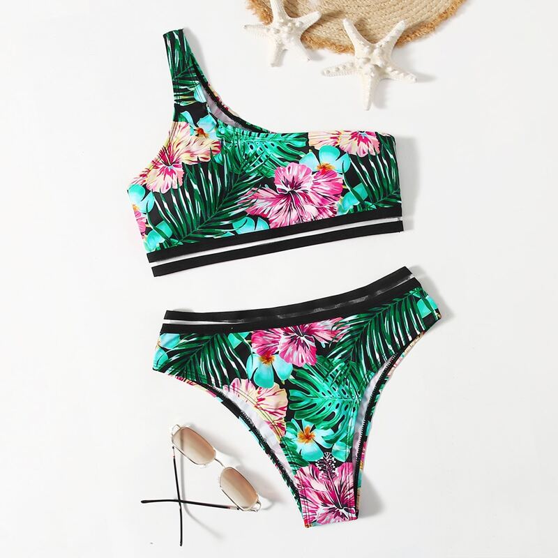 

One Shoulder Floral Bikini Swimsuit, Multicolor