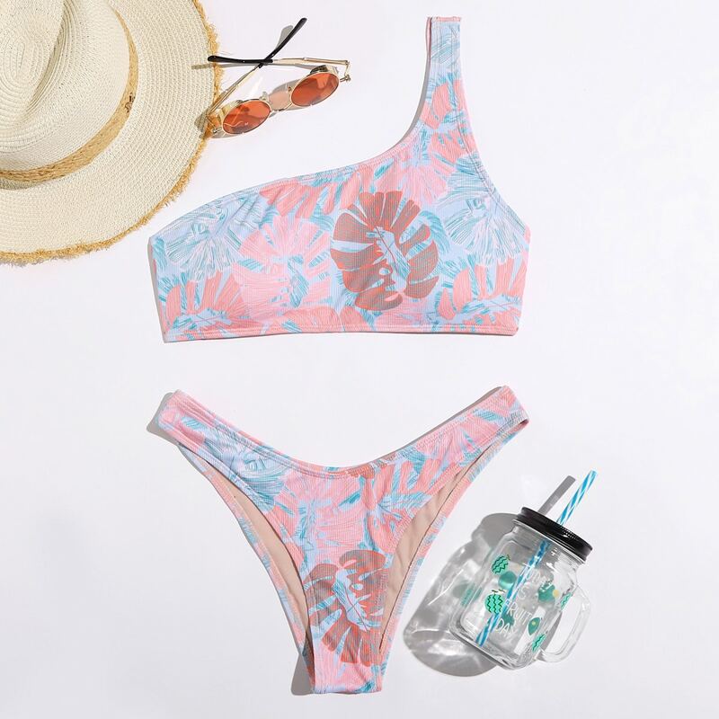 

One Shoulder Leaf Print High Cut Bikini Swimsuit, Multicolor