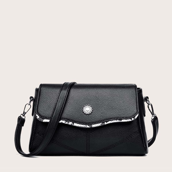 

Metal Decor Flap Crossbody Bag, Black