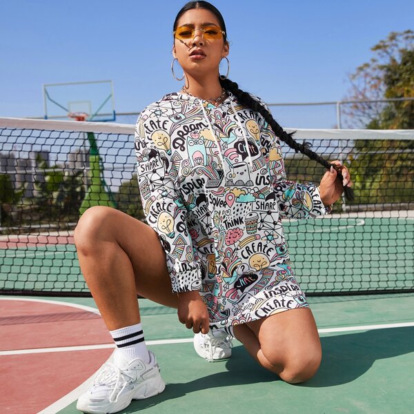

Plus Cartoon And Letter Graphic Sweatshirt Dress, Multicolor