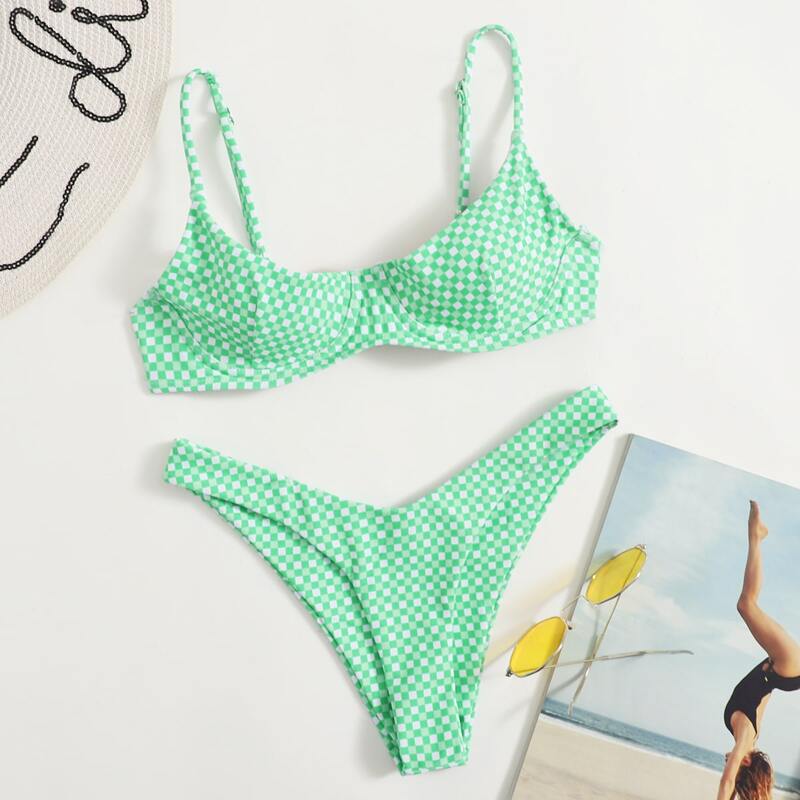 

Plaid Push Up Bikini Swimsuit, Green