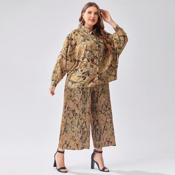 

Plus Chain Print Blouse & Pleated Wide Leg Pants, Multicolor