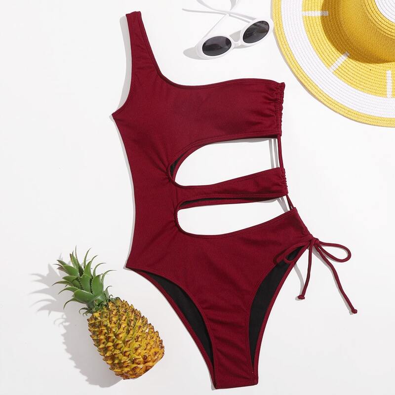 

Cut-out Drawstring Side One Piece Swimsuit, Burgundy