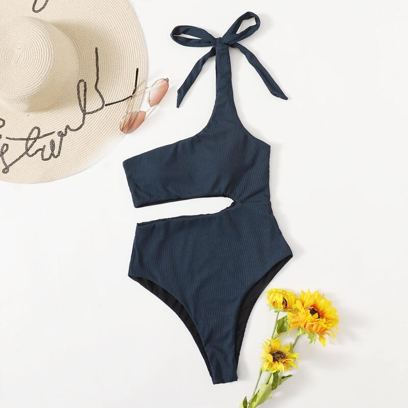 

Cut-out Tie Shoulder One Piece Swimsuit, Navy blue