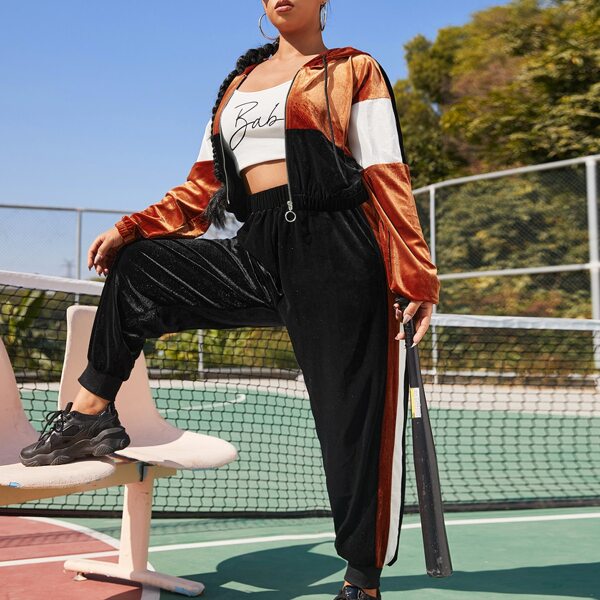 

Plus Velvet Color Block Hoodie & Striped Side Sweatpants, Multicolor