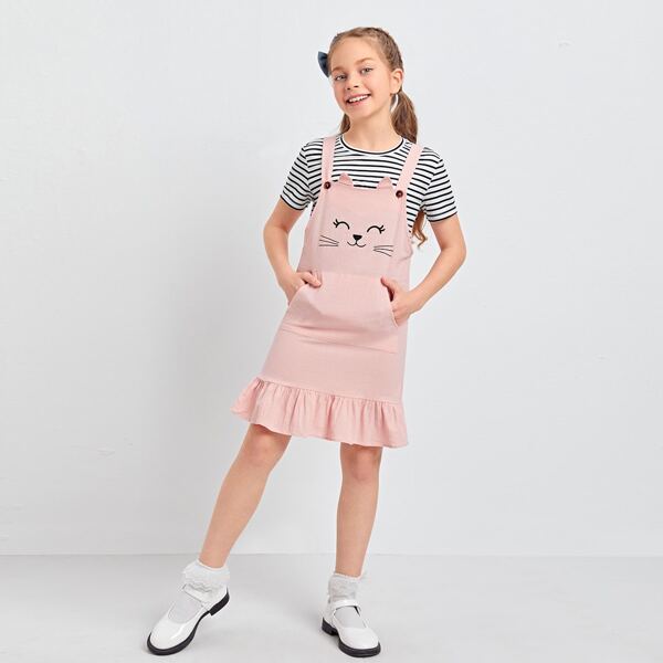 

Girls Striped Tee and Ruffle Hem Overall Dress Set With Ear, Multicolor