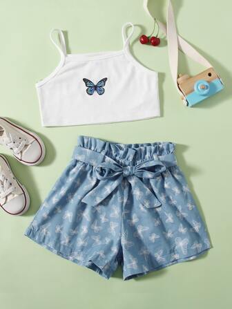 للبنات الصغار بطباعة الفراشة صدرية كامي و الخصر العالي بالتجاعيد شورت بحزام