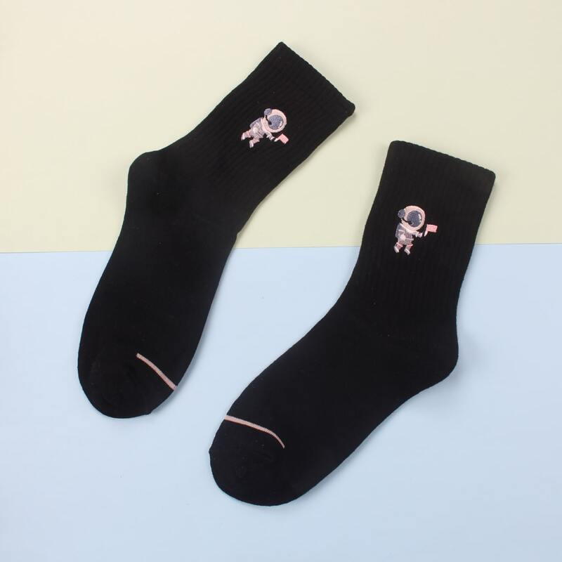 1pair Astronaut Embroidery Socks, Black