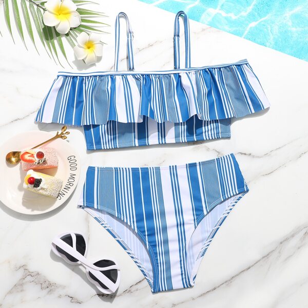 

Girls Striped Ruffle Bikini Swimsuit, Blue and white
