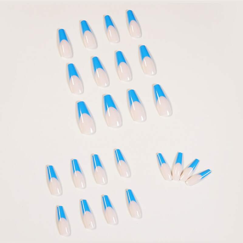 

24pcs Colorblock Fake Nail & 24pcs Tape, Blue