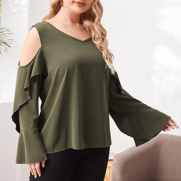 

Plus Solid Cold Shoulder Blouse, Army green