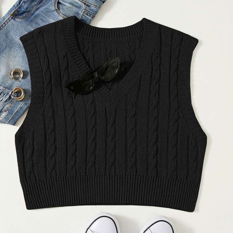 

Solid Cable Knit Sweater Vest, Black