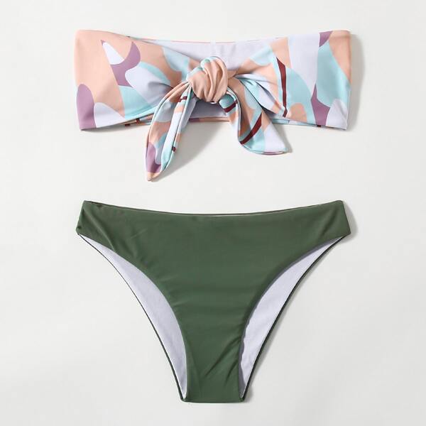 

Knot Front Bandeau Bikini Swimsuit, Multicolor