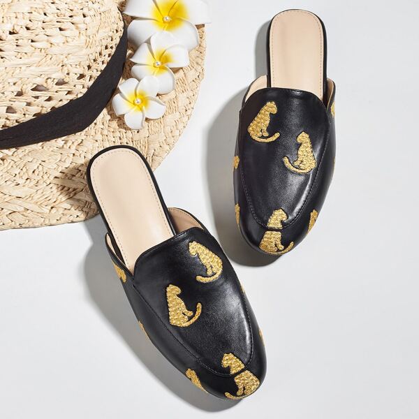 

Animal Embroidered Flat Mules, Black