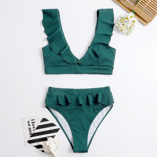 

Ruffle High Waisted Bikini Swimsuit, Green
