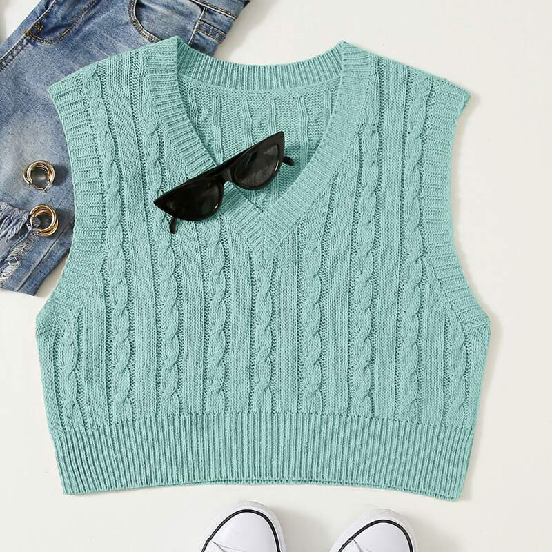 

Solid Cable Knit Sweater Vest, Mint green