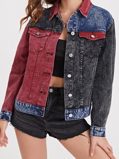 Contrast Panel Button Front Denim Jacket