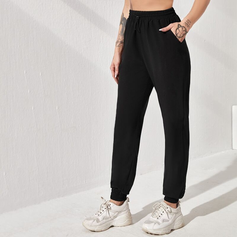 

Solid Drawstring Waist Pocket Sports Pants, Black