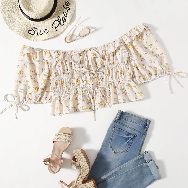 

Plus Off Shoulder Knot Front Ditsy Floral Crop Top, Beige