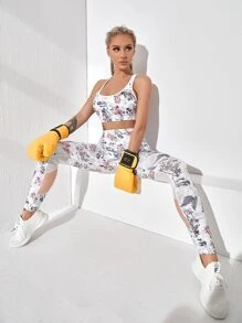 Yoga Floral Floral Halter Sports Bra & Mesh Insert Leggings Set - Multicolor - View 2
