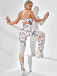 Yoga Floral Floral Halter Sports Bra & Mesh Insert Leggings Set - Multicolor - View 1
