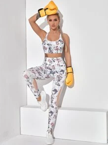 Yoga Floral Floral Halter Sports Bra & Mesh Insert Leggings Set - Multicolor - View 5