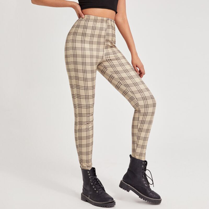 

Plaid Pattern Leggings, Khaki