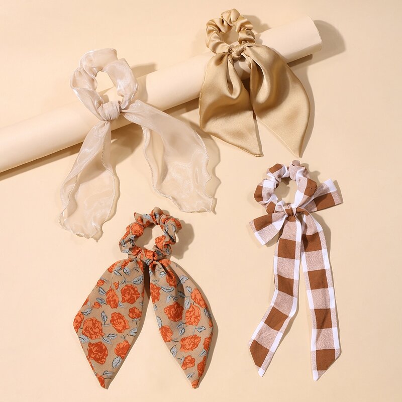 

4pcs Floral & Plaid Scrunchie Scarf, Multicolor
