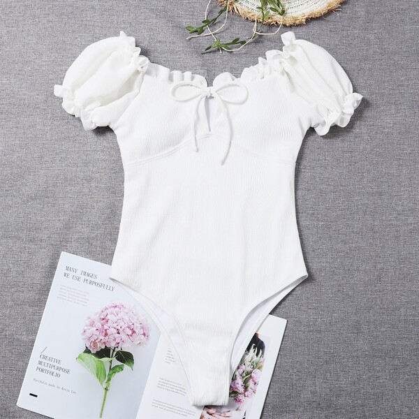 

Rib Frill Trim Knot One Piece Swimsuit, White