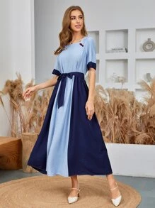 Seusyu 自繫帶拼接連衣裙 - 藍色 - 查看 1