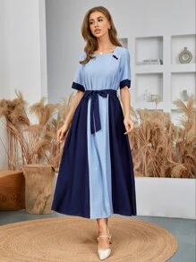 Seusyu 自繫帶拼接連衣裙 - 藍色 - 查看 4