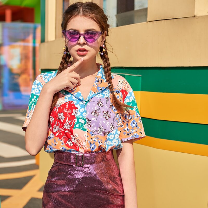 

Lapel Collar Floral Print Blouse, Multicolor
